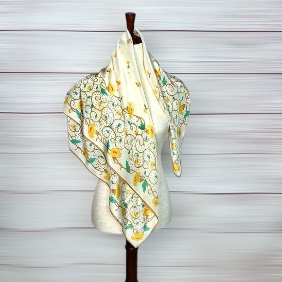 Vintage Ray Strauss Silk Scarf Ivory Floral Green Yellow Tan 35x35” Japan - Picture 1 of 10